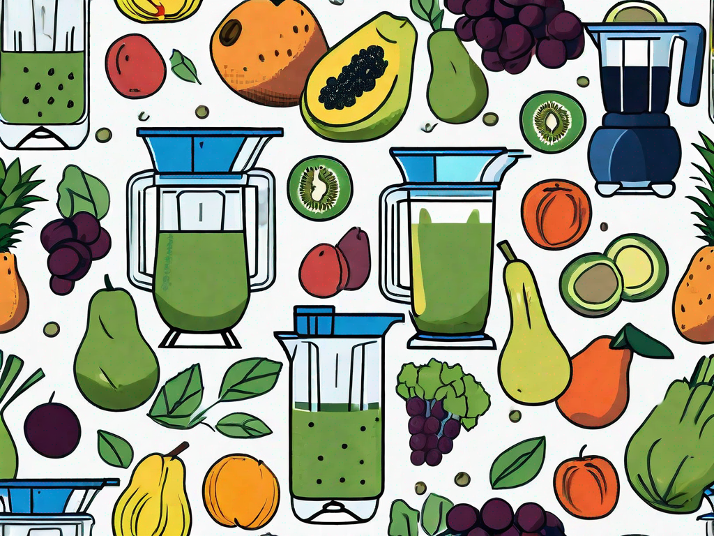 Various high-quality blenders surrounded by an array of fruits