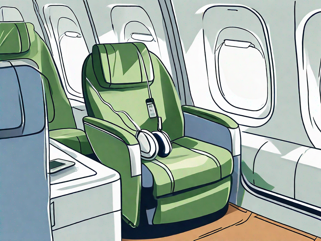 An airplane interior featuring comfort-enhancing items such as a travel pillow