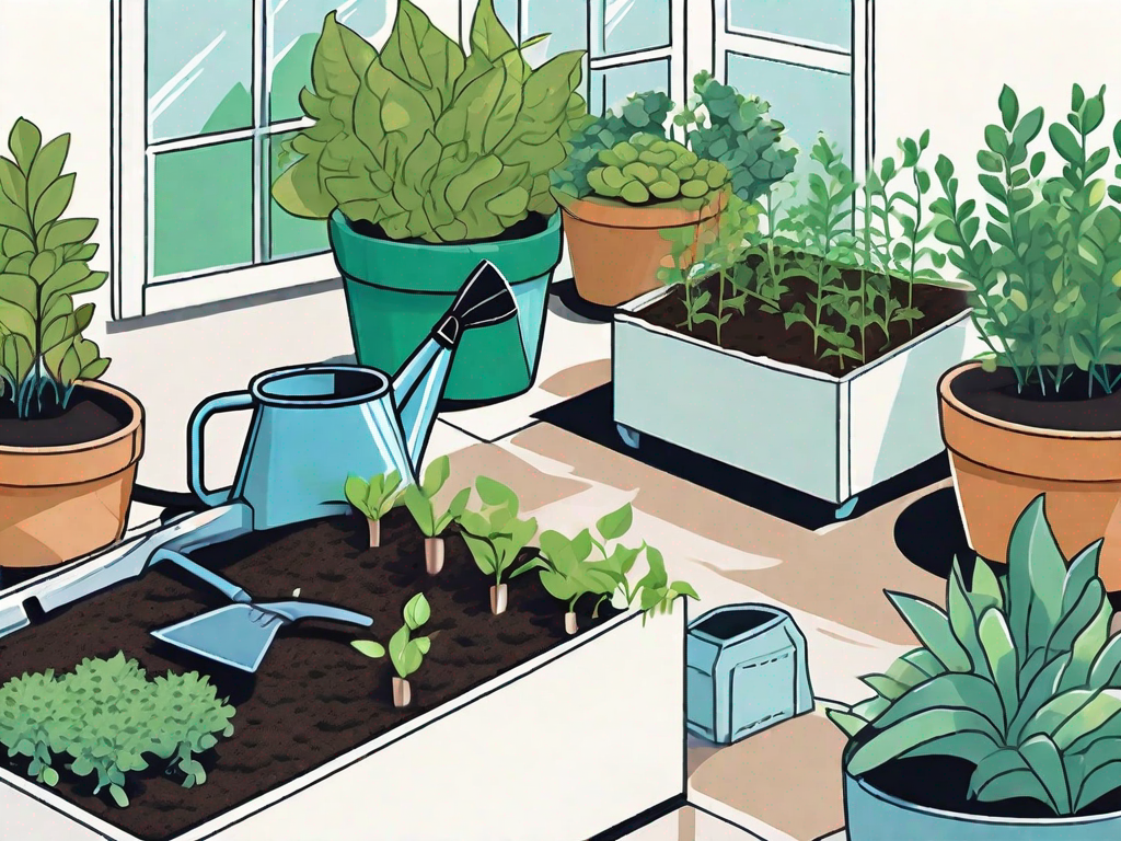 A few raised garden beds filled with various plants
