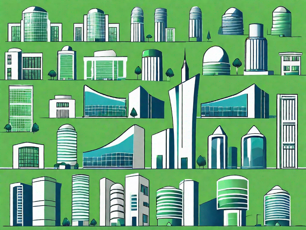 Various types of database software represented as different sized buildings