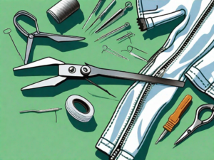 A broken zipper on a piece of clothing with a small tool kit beside it