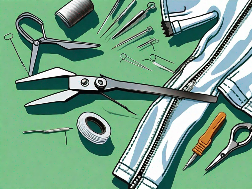 A broken zipper on a piece of clothing with a small tool kit beside it