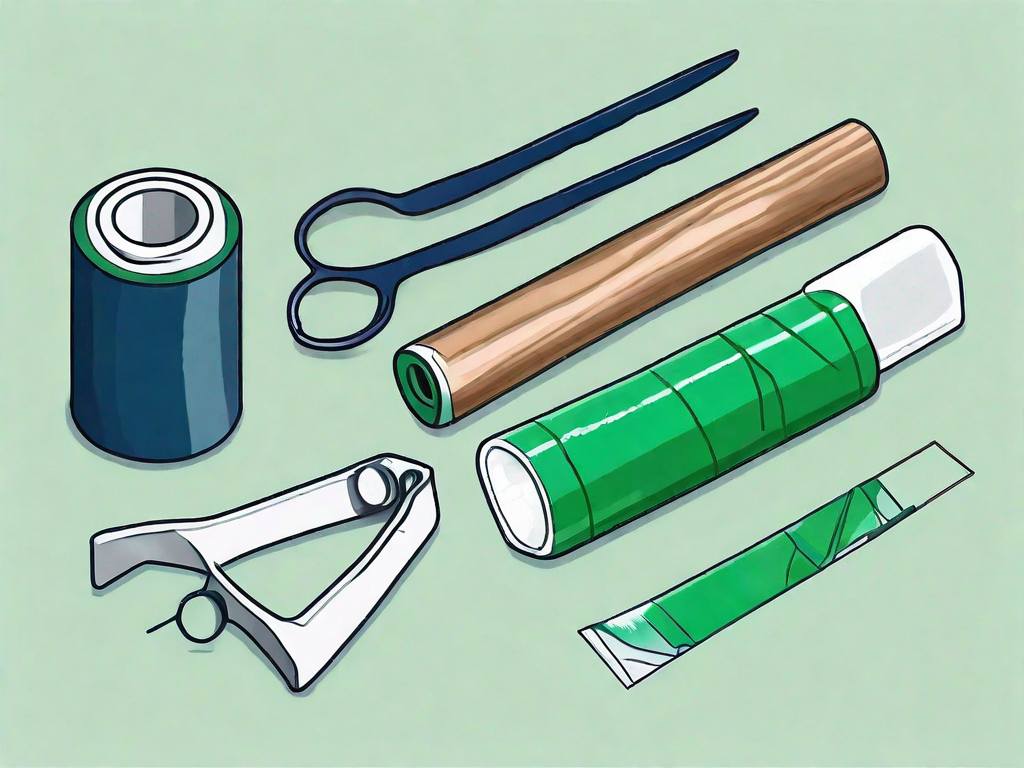 A pair of broken glasses next to a small toolkit