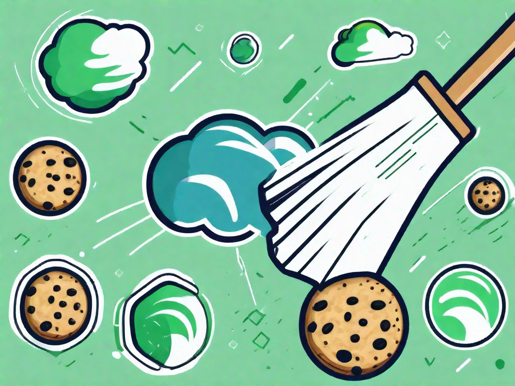 A web browser symbol with a broom sweeping out cache and cookie icons