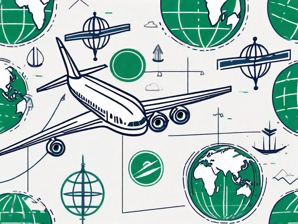 A plane circling around a globe with various iconic landmarks