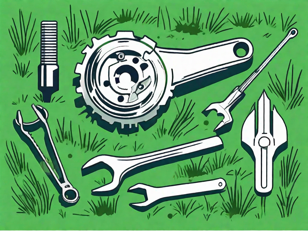 A broken sprinkler head with various tools like a wrench and screwdriver nearby