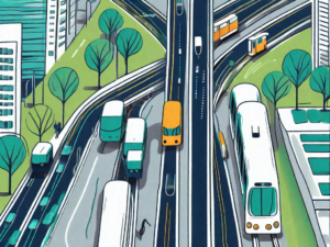 A cityscape with various forms of public transport like buses